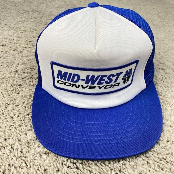 Vtg Mid-West Conveyor Snapback Hat Mesh Foam Trucker Blue‎ White Patch Logo Cap - Picture 1 of 9